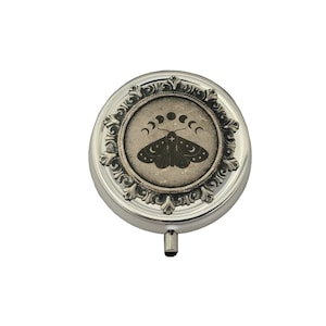 Engraved Pillbox - Silver Celestial Moon Phase Moth Pill Box