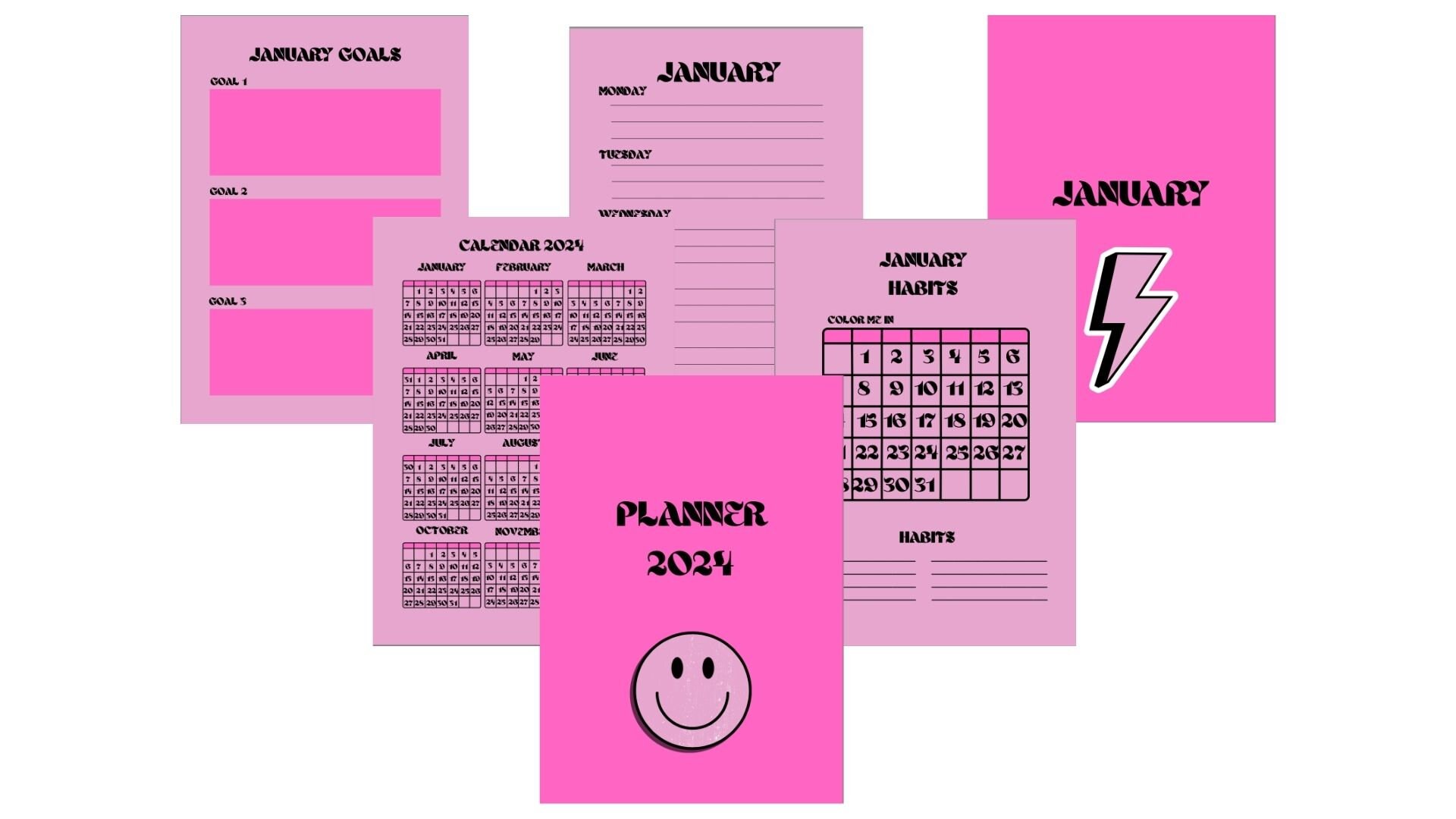 A Year at a Glance Unique 2024 Calendar Planner Download. PINK, RETRO