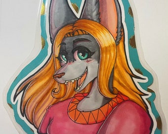 Custom Fursona Badge for Furry Conventions, Laminated Badge, Copic Marker Badge, Made to Order, Furry Headshot Bust Badge