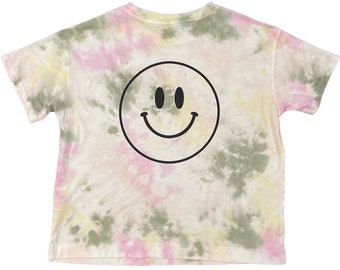 Tie Dye Smiley Face Women's T-Shirt | Unique Tie Dye Gift for Her | Pastel Tie Dye Smile Self-Care Shirt | Happy Face Aesthetic Crewneck