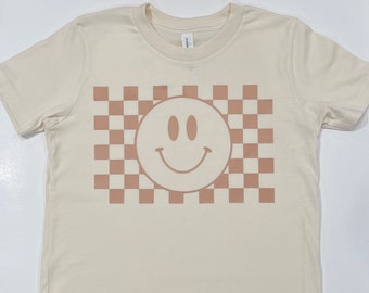 Checkerboard Smiley Face Kids Unisex T-Shirt | 90's Inspired Kids Shirt |  Happy Face Tee | Checkerboard Skater Kid T-Shirt