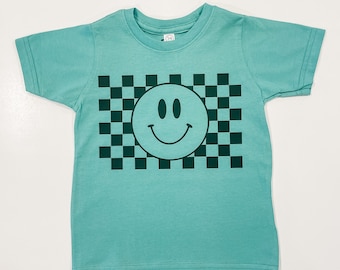 Checkerboard Smiley Face Toddler Boys T-Shirt | 90's Inspired Toddler Shirt |  Happy Face Tee | Checkerboard Skater Kid T-Shirt
