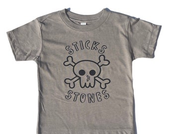 Sticks and Stones Skull Cotton T-Shirt, Kids Birthday Gift, Skull and Cross Bones