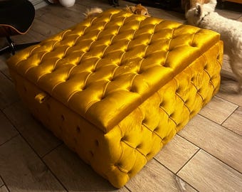 Handmade Gold Chesterfield Coffee Table Ottoman: Plush Upholstered Storage Box