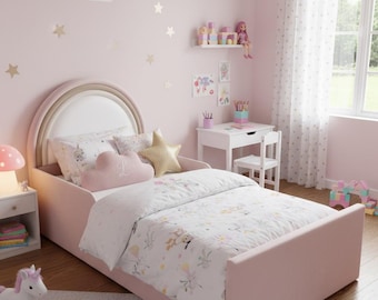 Plush Velvet Upholstered Kids Bed Frame: Customizable Rounded Headboard, Optional Ottoman Storage