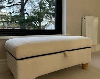 Handmade Teddy Fabric Storage Ottoman: Footstool Coffee Table with Piping