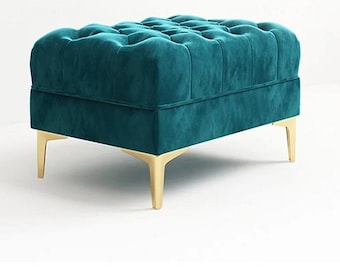 Handmade Chesterfield Teal Velvet Footstool: Extra Tall Padded Ottoman
