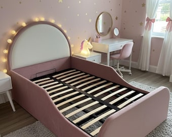 Bullnose Corner Handmade Round Velvet Upholstered Kids Bed Frame - Ottoman Storage Option