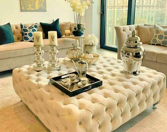 Handmade Square Velvet Chesterfield Coffee Table Ottoman: Custom Upholstery