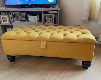 Handmade Chesterfield Storage Ottoman: Linen Fabric Footstool