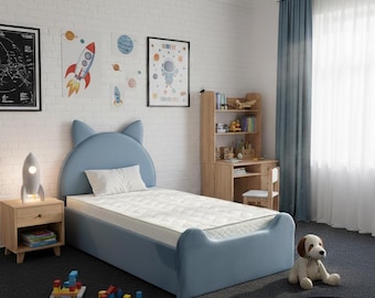 Hello Kitty Style Plush Velvet Bed Frame: Kids Upholstered Bed with Ottoman