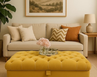Handmade Chesterfield Plush Fabric Ottoman: Upholstered Storage Box, Made in UK