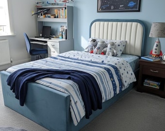 Handmade Plush Velvet Upholstered Kids Bed: Ottoman Storage, Rounded Headboard