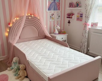 Amelia Dreams Plush Velvet Upholstered Bed Kids Frame: Ottoman Storage, Customizable Colors