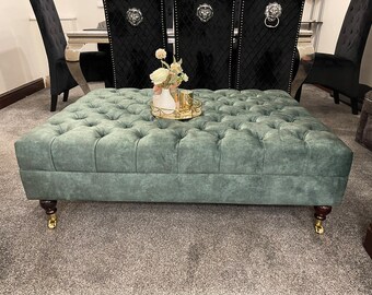 Handmade Chesterfield Velvet Coffee Table Ottoman with Casters
