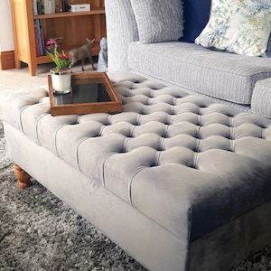 Handmade double high Designer Chesterfield upholestered Footstool Coffee Table Footrest in soft plush velevt.