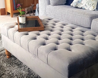 Handmade double high Designer Chesterfield upholestered Footstool Coffee Table Footrest in soft plush velevt.