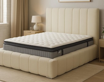 SoftCloud Upholstered Chesterfield Bed Frame in Teddy Fabric with 54" Tall Headboards