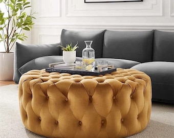 Handmade Round Velvet Coffee Table: Chesterfield Upholstered Ottoman