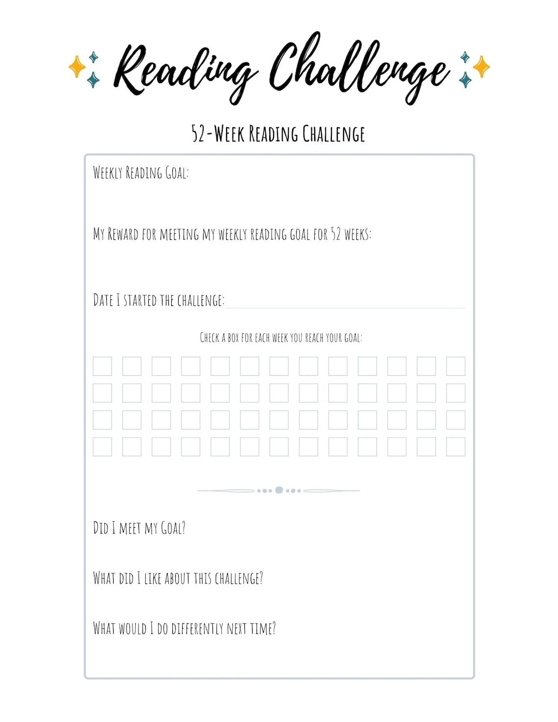 Reading Challenge 52week Reading Challenge With Book Review Etsy