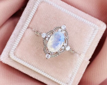 Art Deco Moonstone Ring, Sterling Silver, White Zircon