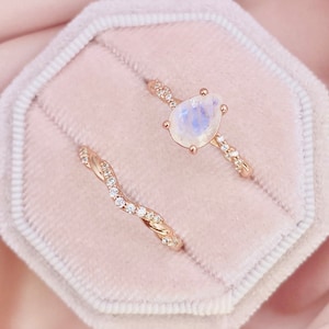 Affinity Moonstone Ring Set, Art Deco Ring, Promise Ring, Rings for women, sterling silver ring, Rainbow Moonstone, White zircon ring,