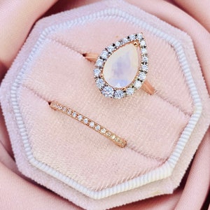 Tear Drop Moonstone Ring Set, Rose Gold Sterling Silver, Zircon Stacking Ring