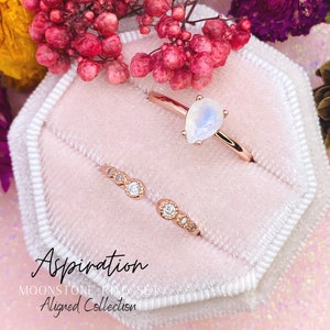 Rainbow Moonstone Sterling Silver Ring Set, Rose Gold Coated, Zircon Stacking Rings