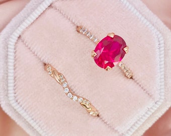 Oval Ruby Ring Set, Rose Gold Sterling Silver, Zircon Stacking Ring