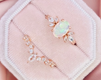 Opal Sterling Silver Ring Set, Rose Gold Coated, Zircon Stacking Ring