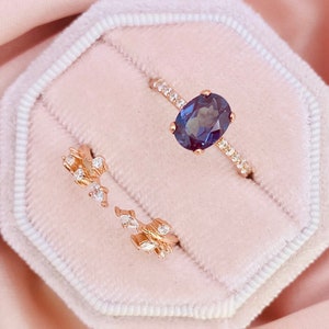 Zestaw pierścionków ze srebra próby 925 z aleksandrytem, pokryty różowym złotem, pierścionek z cyrkonią