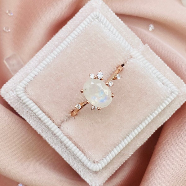 Oval Moonstone Sterling Silver Ring, Rose Gold Plated, Zircon Accent
