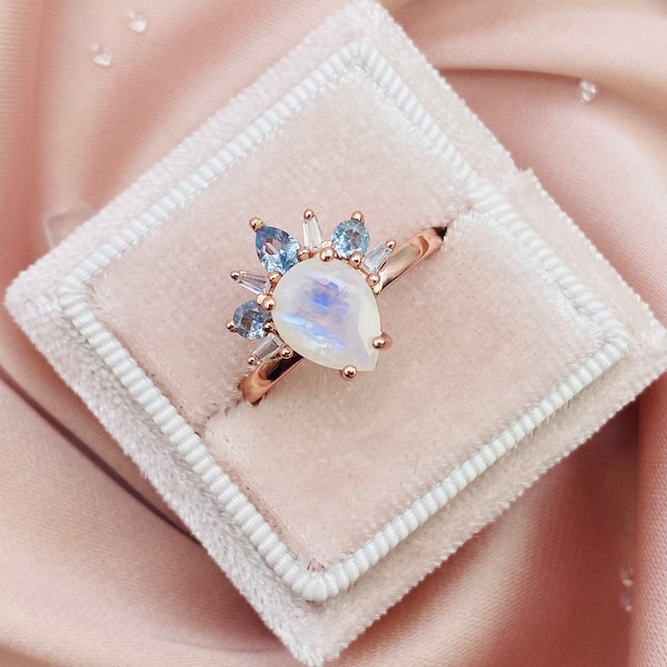 Cherish Moonstone Ring, Promise Ring, Rainbow moonstone, Statement Ring, Engagement Ring, Rings for women, Sterling Silver Ring, Blue Zircon