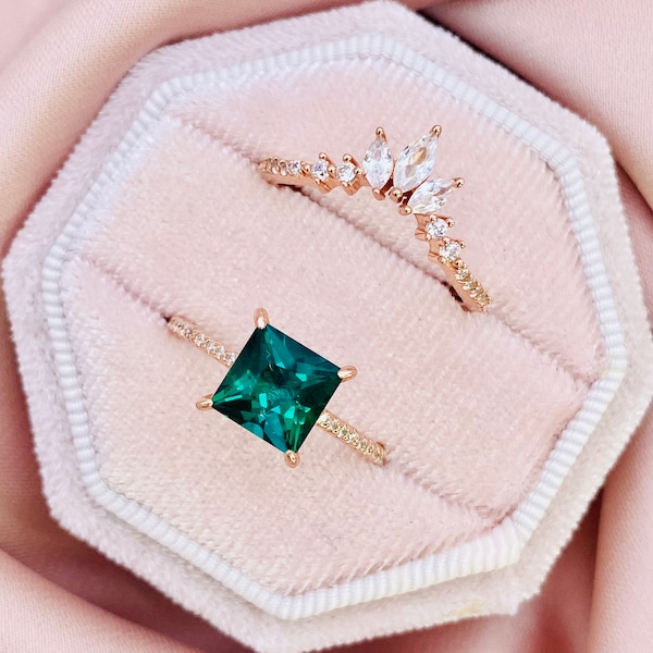 May Emerald Ring Set, Rose Gold Sterling Silver, Promise Ring