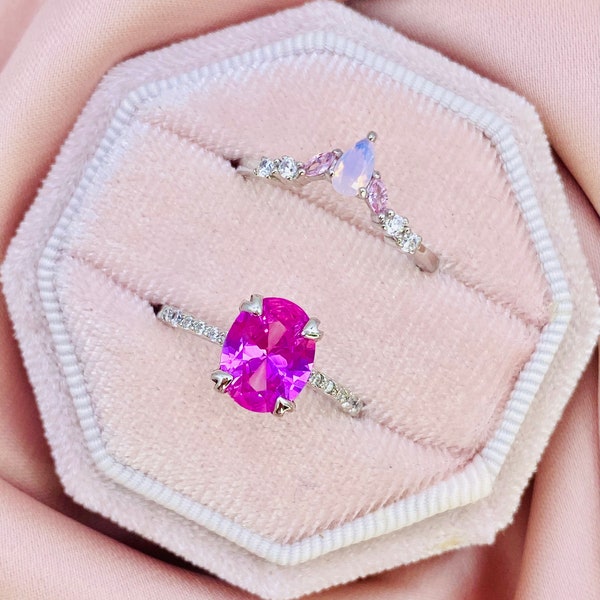 Pink Sapphire Ring Set, Promise Ring, Stacking Ring, Statement Ring, Engagement, Rings for women, Sterling Silver Ring, Gemstone