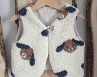 Kinder Weste Teddy Boucle | Kuschelweste  Teddy mit Stoffauswahl |  Weste Herbst mit Hunde Motiv Unisexweste | Größenauswahl Gr 74-146