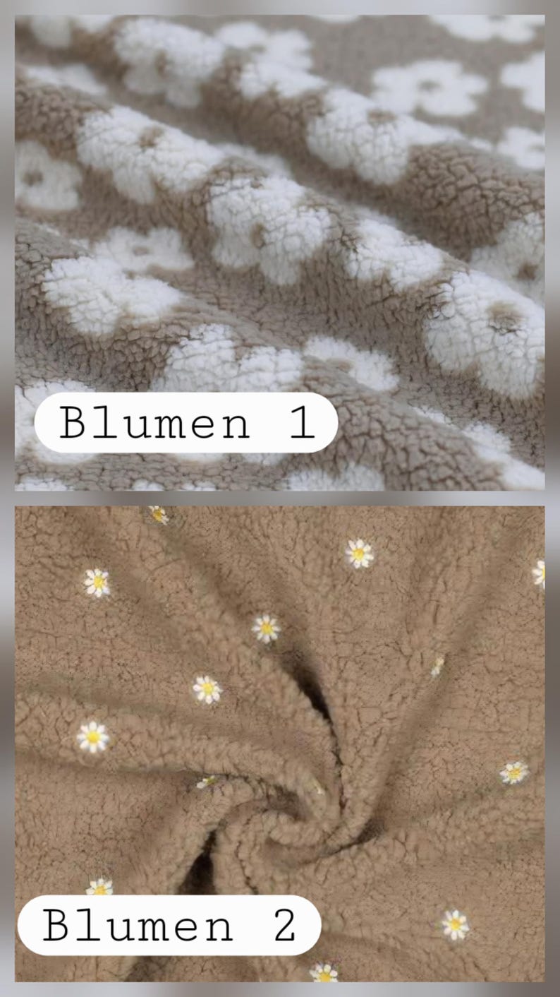 May include: Close-up of two sections of plush fabric. The top section is a light brown colour with white daisy-like flower patterns. The bottom section is a darker brown with small white and yellow flower patterns. The text "Blumen 1" and "Blumen 2" are visible.