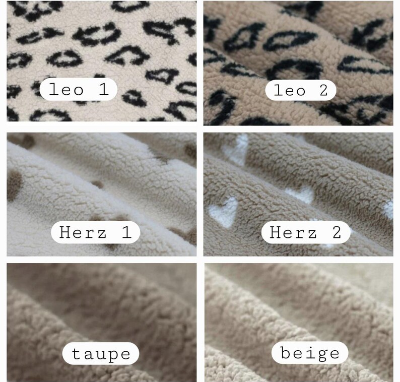May include: Six fabric swatches are shown in a close-up view. Two swatches display a leopard print, labelled "leo 1" and "leo 2". Two swatches have a heart pattern, with the text "Herz 1" and "Herz 2". The final two swatches are solid, labelled "taupe" and "beige".