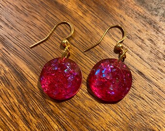 Hot Pink Glitter - Small Circle Earrings