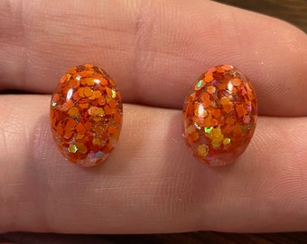 Orange Glitter Oval Stud Earrings