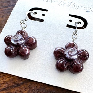 Burgundy Shimmer Flower Earrings - Light Purple Center