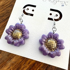 Purple with Gold Shimmer Flower Earrings - Gold Center