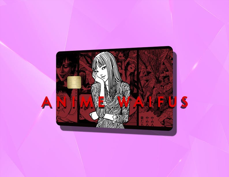 以下が含まれることがあります： 赤と白のアニメ風イラストが描かれた黒いクレジットカード。カードには金色のチップと赤い文字で「ANIME WALFUS」と書かれています。背景は薄い紫です。