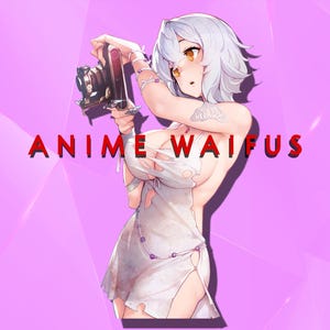 May include: Anime-style illustration of a character with white hair and orange eyes holding a vintage camera. The character is wearing a torn white dress. The text "ANIME WAIFUS" is displayed in red letters on a pink geometric background.