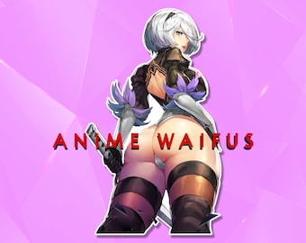 May include: Anime-style illustration of a female character with white hair, blue eyes, and a revealing outfit. The character is holding a sword and is set against a pink background. The text "ANIME WAIFUS" is displayed in red.