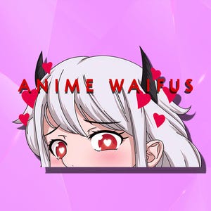 May include: Digital illustration of an anime character with white hair, red eyes, and black horns, surrounded by red hearts. The text "ANIME WAIFUS" is written in red above the character.
