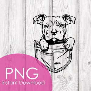 Puede incluir: Gráfico en blanco y negro de un perro asomándose por un bolsillo. El perro tiene una expresión curiosa. La imagen incluye el texto "PNG Instant Download" en un círculo rosa.