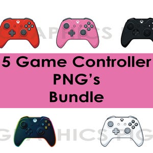 May include: Five game controller PNG images in different colors: red, pink, black, blue, and white. The controllers are all in the same style and have the same buttons.