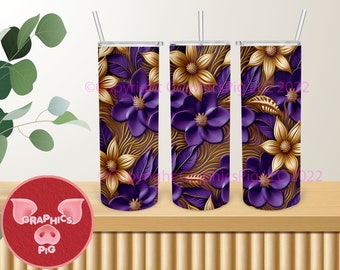 Style 3d de fleurs violettes et dorées, 4 png numériques pour les conceptions de gobelets de 20 oz, concepteur original de cette œuvre,