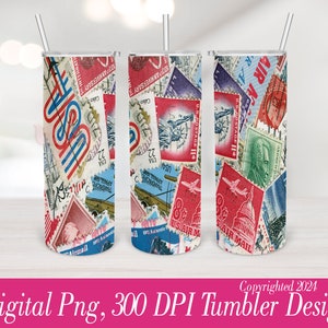 Retro US Post Stamps Tumbler Digital PNG Vintage Stamps Tumbler